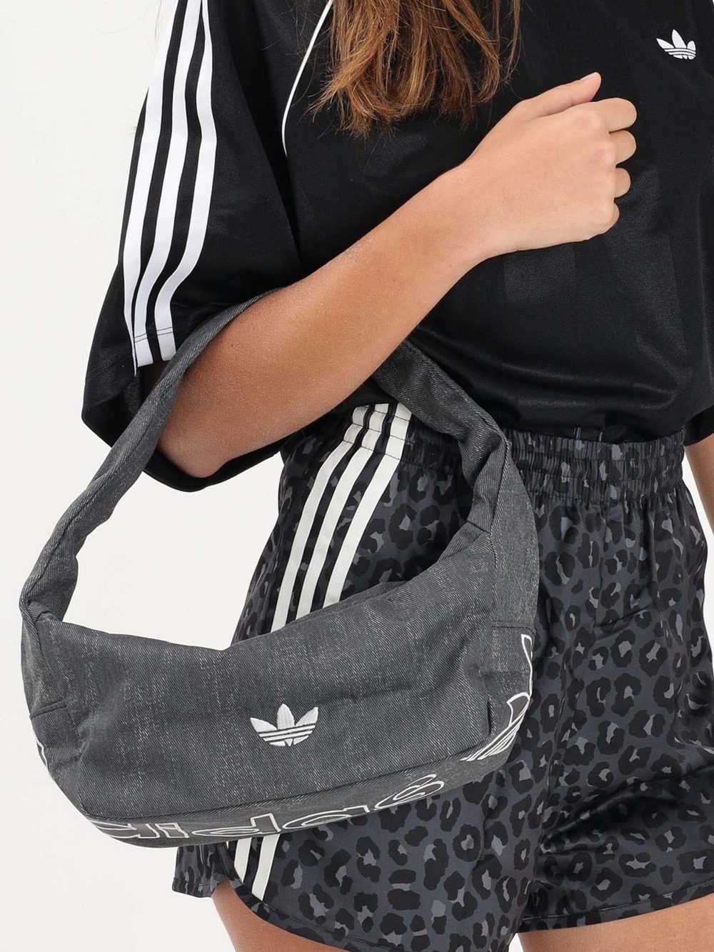 adidas Charcoal Gray Denim Shoulder Bag with White Trefoil
